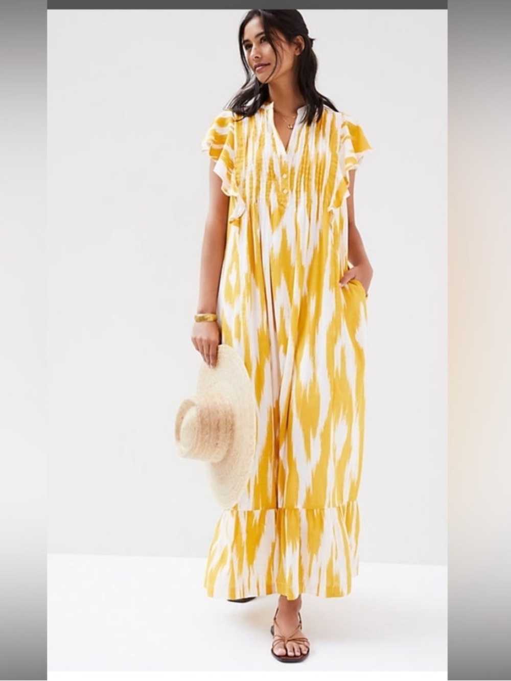 Maeve mustard & White Ikat Maxi Dress with Flutter Sleeves